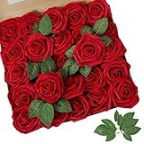 AmyHomie Artificial Flowers Dark Red Rose 25pcs Real Looking Fake Roses w/Stem for DIY Wedding Bouquets Centerpieces Arrangements Party Baby Shower Mothers Day Christmas Tree Decorations