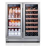 Ca'Lefort 30 Inch Wine and Beverage Refrigerator, 80 Can and 33 Bottle French Door Wine Refrigerator 36-72°F, 3 LED Wine Fridges with Glass Door, Built-in or Freestanding for Home/Kitchen (6.00 cu.ft)