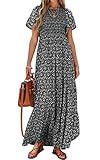 PRETTYGARDEN Women's Short Sleeve Boho Floral Dress A Line Smocked Midi Dress Flowy Casual Tiered Maternity Dress (Black,Large)