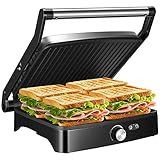 OSTBA Panini Press Grill with Adjustable Temperature, 4-Slice Indoor Grill, 180° Open Sandwich Maker with Drip Tray, Non-Stick Plates, Stainless Steel, 1200W
