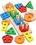 PEBIRA Montessori Toys for 1 to 3-Year-Old Boys Girls Toddlers, Wooden Sorting & Stacking Toys for Toddlers and Kids Preschool, Educational Color Recognition Shape Sorter, Learning Puzzles Gift