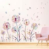 wondever Colorful Blowing Dandelion Wall Decals Flying Flowers Butterflies Floral Peel and Stick Wall Art Stickers for Living Room Girls Bedroom TV Wall