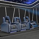 ANJ Power Home Theater Seating Recliner Chairs Set of 3, PU Leather Recliner & Cup Holder, Electric Movie Theater Reclining Chairs with Adjustable Headrest, Blue LED, Hidden Arm Storage (Black-Blue)