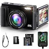 4K Digital Camera for Photography Auto-Focus Vlogging Camera for YouTube Video with 3'' 180° Flip Screen 16X Anti-Shake 4K Camera Compact Cameras with SD Card, Flash, 2 Batteries