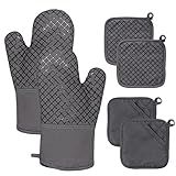 4 Pcs Oven Mitts and Pot Holders,500°F High Heat Resistant Kitchen Oven Mitts with Pot Holders,Long Oven Mitts with Recycled Cotton Infill and Silicone Non-Slip Surface for Baking and Cooking(Grey)