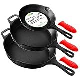 NutriChef 3pc Cast Iron Skillets - Pre-Seasoned Cast Iron Cookware with Drip Spout, Silicone Handles, For All Cooktops
