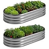 Foxlang 8x4x1ft(2 Pack) Galvanized Oval Raised Garden Bed,Outdoor Planter Box Metal Patio Kit Planting Bed for Vegetables Flowers Herb,Silver