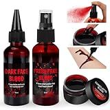 3PCS Halloween Fake Blood Kit, 2.03oz Fake Blood Spray and 2.03oz Dripping Blood and 1.06oz Coagulated Gel Blood, Realistic Washable Fake Blood Makeup for Zombie Vampire Monster Cosplay & Dress Up