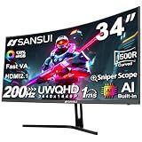 SANSUI 34-Inch Curved Gaming Monitor UWQHD 3440 x 1440P Up to 200Hz Curved 1500R - PIP/PBP, OD 1ms, HDR, 300nits, sRGB 130%, DCI-P3 97%,AI Crosshair,HDMI2.1x2,DP1.4(Cable Included)