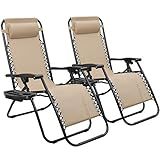 Devoko Set of 2 Zero Gravity Lounge Chairs, Outdoor Folding Adjustable Steel Mesh Recliner Chairs with Cup Holder & Removable Pillow for Patio Garden Lawn Beach (Beige)