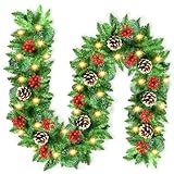 Christmas Garland, JTSIOV 9ft Artificial Christmas Tree Garland with 9ft Lights, Pine Cones, Red Berries, Branch Tips, Waterproof Christmas Decoration for Stairs, Fireplace, Door, Xmas Trees, Garden