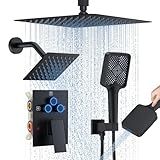 Shower Faucet Set, 12" Ceiling Mount Rainfall Shower System with 12'' Top Head+6'' Side Head and Multi-function Handheld Head Push Button Diverter Shower Faucet Trim Kit (12", Matte Black)
