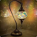 Yarra-Decor Turkish Moroccan Lamp with Bronze Base 3-Way Color Changing Handmade Swan Neck Tiffany Mosaic Glass Bedside Lamps for Bedroom (LED Bulb Included) (Colorful)
