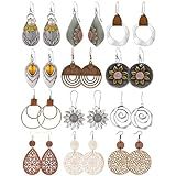 12 Pairs Boho Vintage Geometric Round Earrings Wooden Leather Ethnic Style Vintage Sunflower Earrings Christmas for Women