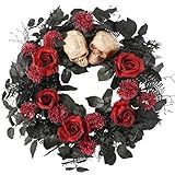 BINFEN 20" Halloween Wreaths for Front Door, Black Eucalyptus Leaves with Glitters, Red Roses, Skull, Gothic Wreath Horror Room Decor