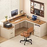YOMILUVE 63" Farmhouse L Shaped Executive Desk with Drawers & Storage Shelf, Corner Computer Desk with Power Outlets, L Shaped Office Desk with Monitor Stand, Printer Shelf, Antique White