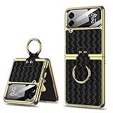 for Z Flip4 5G 2022 case 360°with Ring Luxury Electroplated PU Leather Cover Compatible with Samsung Galaxy Z Flip 4 5G Case Built-in Screen Protector Camera Phone Case (Black)