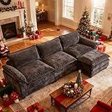 Karl home Sectional Sofa Modular Deep Seat Sofa Couch with Ottoman, Chenille Sofa Sleeper Comfy Upholstered Furniture for Living Room, Apartment, Studio, Office, (3-Seat & 1-Ottoman, Black)