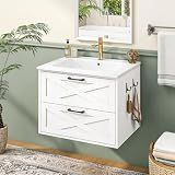 Vabches 24 Inch Bathroom Vanity with Sink, Wall Mounted Vanity with 2 Storage Darwers, Floating Bathroom Vanity with Storage, Bathroom Floating Vanity with Towel Hook, White