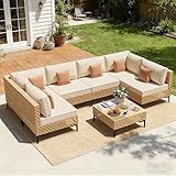 ABCASA Patio Furniture Set, 110" Large 7-Piece Wicker Outdoor Patio Furniture Sets with Coffee Table,Boho Patio Conversation Set Sectional Sofa with All-Weather Cushions for Backyard,Porch,Beige