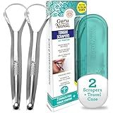 GuruNanda Tongue Scraper for Adults (2 Pack) with Travel Case, 420 Medical-Grade 100% Stainless Steel Tongue Cleaner, Aids in Fresh Breath & Oral Care