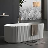 59 Inch Acrylic Freestanding Bathtub, Deep Soaking Tub with Non-Slip Base, CUPC Certified Free Standing Tub, Chrome Drain Bath Tub, Modern Tub for Bathrooms, White