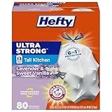 Hefty Ultra Strong 13 Gallon Trash Bags, Tall Kitchen Trash Bags 13 Gallon Size, Drawstring Closure, Continuous Odor Control, White, Lavender and Sweet Vanilla Scent, 80 Bags