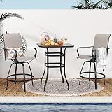 Shintenchi 3 Pieces Outdoor Swivel Bar Set, All Weather Textile Fabric Patio High Bar Stool Bistro Set with 2 Height Back Bar Chairs and Glass Table for Home, Backyard, Garden, Lawn, Porch，Taupe