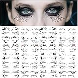 24 Pairs Halloween Eyeliner Temporary Tattoos for Adults, Face Eyes Fake Tattoos, Gothic Spooky Designs with Spiders Web, Bats, Cats, Skulls, Black