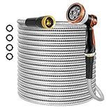 15fFT Garden Hose, Stainless Steel Metal Water Hose with Nozzle, Flexible, Rust Proof, No-Kink, Heavy Duty, Leakproof 3/4 in Fittings, Lightweight Metal Hose for Garden,Yard