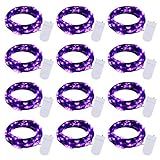 Halloween Purple Fairy String Lights: 12 Pack 7 Ft 20 LED Battery Operated Firefly Lights on Black Wire Starry Moon Lights for DIY Party Bedroom Patio