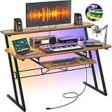Armocity Music Studio Desk, Music Production Workstation with Power Outlets and RGB LED Lights, Recording Studio Table Desks Music Producer for Home, Rustic Brown