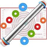 Rolling Pin and Silicone Baking Pastry Mat Set, Stainless Steel Dough Roller, Rolling Pins with Adjustable Thickness Rings, for Baking Fondant, Pizza, Pie, Pastries, Pasta, Cookies