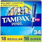 Tampax Pearl Tampons Multipack, Regular/Super Absorbency, With Leakguard Braid, Unscented, 34 Count (Packaging May Vary)