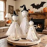 LINLINGTOYS Halloween Decorations Indoor - 3 Set Primitive Halloween Ghosts with Hat, Wooden Stand Ghost Decor for Table Centerpieces, Mantels, Shelves, Vintage Spooky & Festive Party Decor