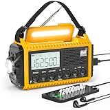 12000mAh NOAA Emergency Weather Radio, Hand Crank Emergency Radio Portable AM FM Shortwave, Solar Rechargeable Battery Powered Radio with USB-C Charger & Adapter, SOS Alert Flashlight for Home Camping