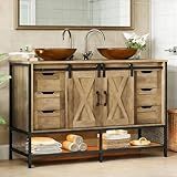 Concho 47'' Farmhouse Bathroom Vanity with Double Vessel Sink, Bathroom Sink Storage Cabinet with LED Light & Sliding Barn Door, Adjustable Shelf, 3 Drawers, Side Hooks, Vintage Brown