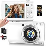 88MP Digital Camera for Photography, 2026 New WiFi 8K Vlog Video Camera for YouTube with Touch Screen, Dual Lens, Autofocus Anti-Shake, 16X Zoom, Small Travel Camera, 64GB TF Card, 2 Batteries, White