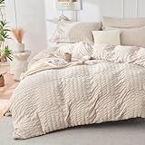HYMOKEGE Beige Duvet Cover Queen Size, Ultra Soft 3-Piece Seersucker Duvet Cover Set with Zipper Closure, Soft Brushed Microfiber Bedding Set with 8 Corner Ties (90"x90", 2 Pillowshams)