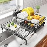 Expandable Dish Drying Rack for Kitchen Counter, Stainless Steel, Black
