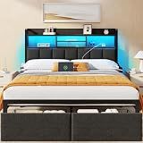 Furnulem Queen Size Bed Frame with Headboard, Drawers, Charging Station