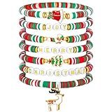nylry 7PCS Christmas Bracelets for Women Clay Beaded Valentine Bracelets Stretch Friendship Bracelet Set Christmas Accessories Jewelry Xmas Decor Party Favors Valentines Day Gifts for Her-Green