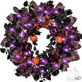 22 Inch Halloween Wreaths for Front Door with Lights, Pre-Lit Pumpkin Wreath, Spooky Ghost Wreath with Purple Glitter, Gold Berries & Ornaments, Halloween Decorations Indoor Outdoor Decor