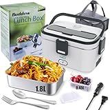 Buddew Electric Lunch Box for Adults, 80W Heated Lunch Box 1.8L Stainless Steel Portable Food Warmer,12/24/110V Lonchera Electrica Portatil for Travel & Work, Loncheras para Hombres de Trabajo(Gray)