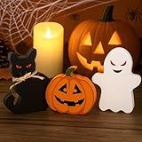 Halloween Decorations Indoor, Super Cute Wooden Signs, Ghost Pumpkin Black Cat Decor for Halloween Indoor Table Shelf Display Party Decor (Set of 3)