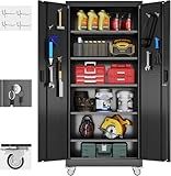 Aobabo Garage Storage Cabinet with Door Pegboard,Lockable Metal Storage Cabinet with 5 Adjustable Shelves for Garage Home,Required Assembly,Black