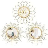 3 Pack Metal Mirrors for Wall Sunburst Wall Mirrors Home Décor Decorative Hanging Wall Art for Living Room Bedroom Entryway (Gold, Flower+Sunburst)