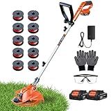 Cordless Weed Wacker String Trimmer: 21V Electric Weed Eater and Edger Battery Powered Grass Cutter Lawn Tool with 12 Inch Cutting Width Two Pack 2000mAh Batteries and Charger for Small Yard