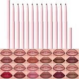 Kaely 12Pcs Retractable Lip Liner Pencils Set for Painting Outline Plump Lips, Mauve Maroon Red Orange Nude Coffee Brown Plum Taupe Creamy Matte Velvet Pigmented Lip Colors Liner Crayon Lipstick Set