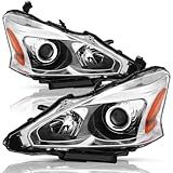TUSDAR Upgraded Lens Headlights Assembly Fit for 2013-2015 Nissan Altima Halogen Headlamps Replacement Chrome Housing with Amber Reflector